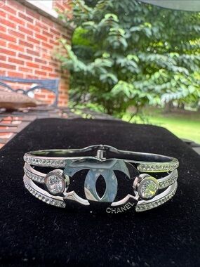 Bracelet  Silver tone Crystal Interlocking CC Cuff Bracelet